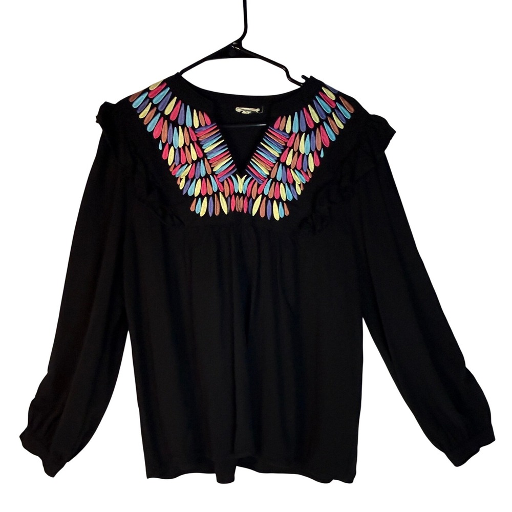 Jodifl Embroidered Blouse Women's L Black Rayon Boho Peasant Top Colorful